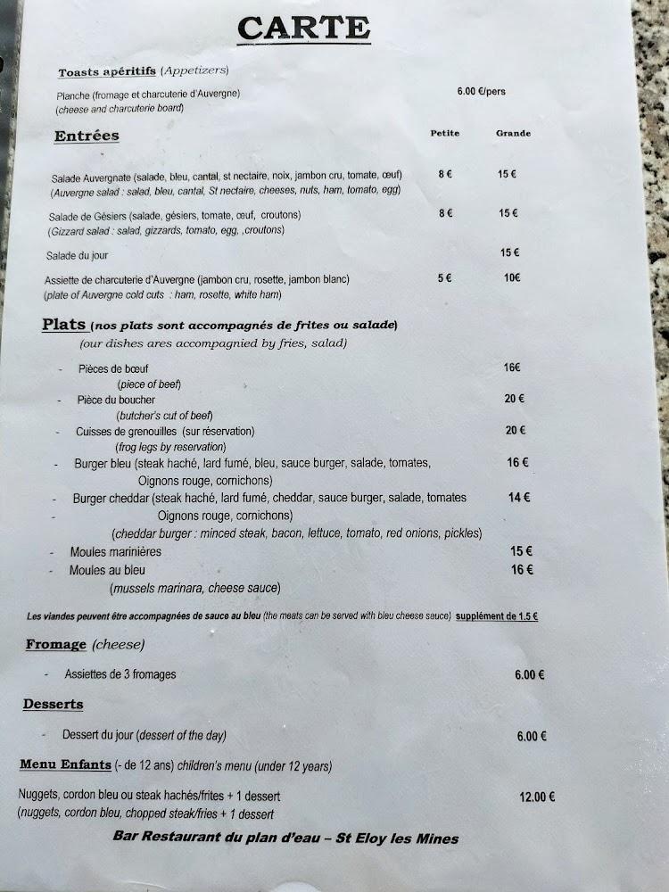 Restaurant Snack Bar Du Plan D'eau de Saint Eloy les Mines - Menu Image 2